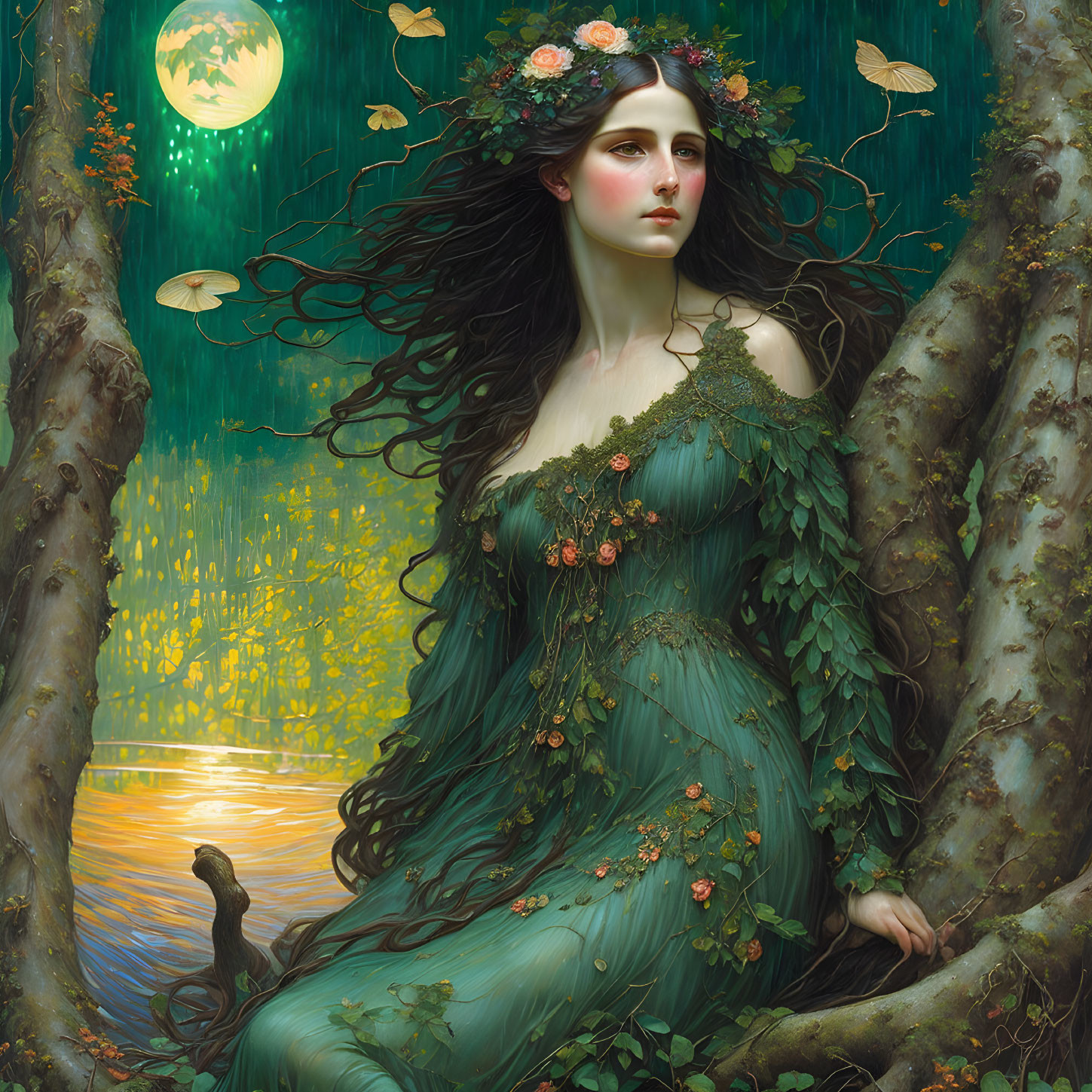 Ethereal woman merges with enchanted forest under moonlight