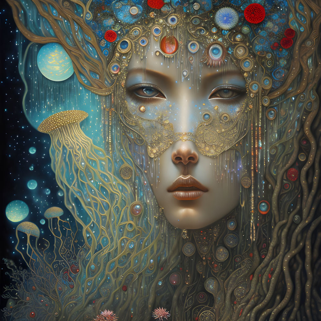 Surreal portrait of woman with ornate mask and cosmic, aquatic motifs