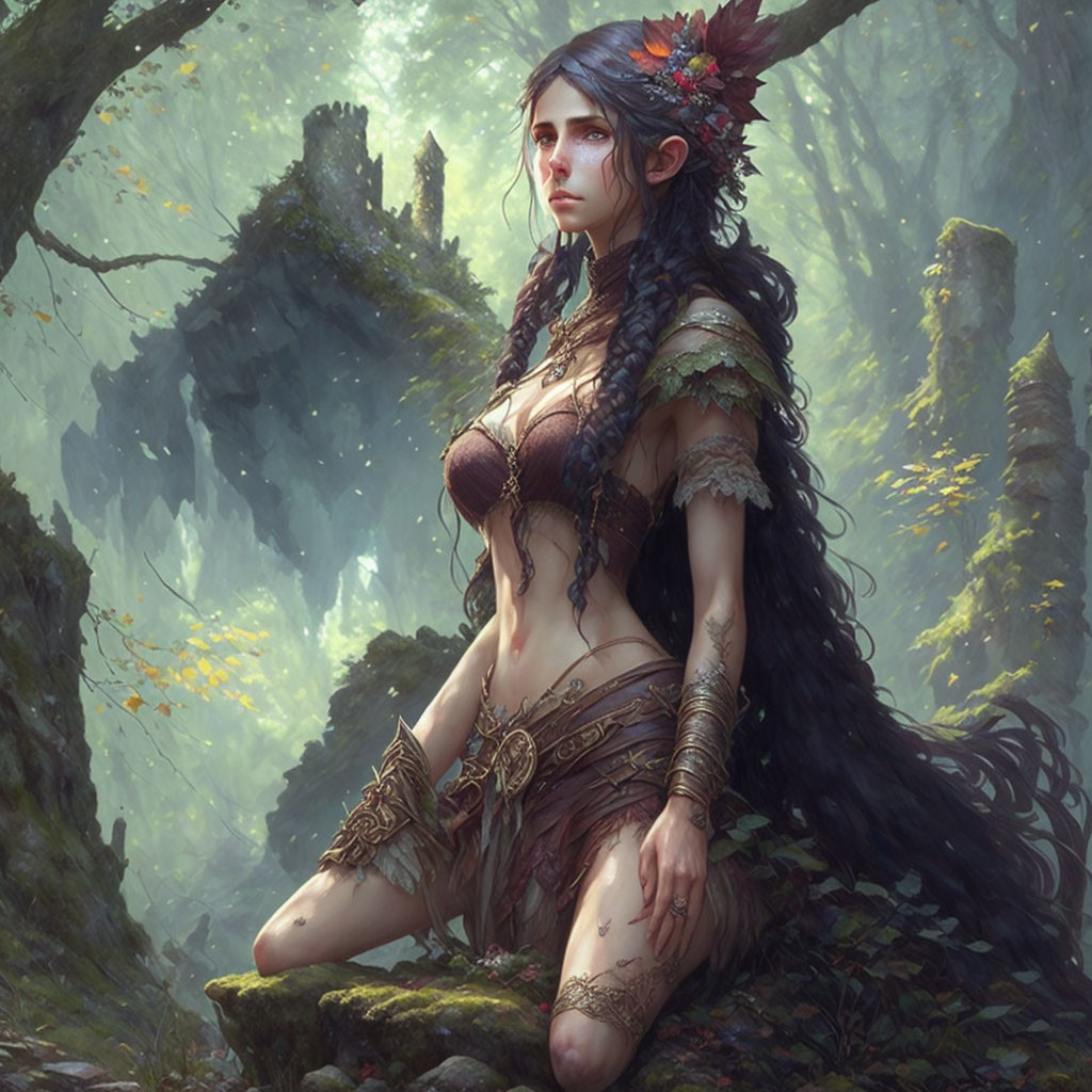 Mystical female figure in feathered headdress among lush forest