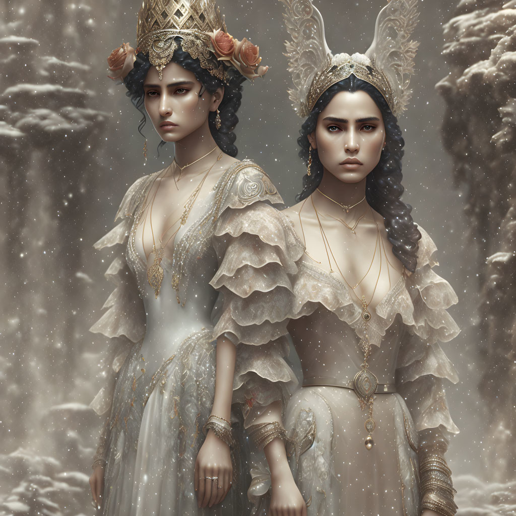 Two regal women in ornate white dresses and crowns against a snowy backdrop.