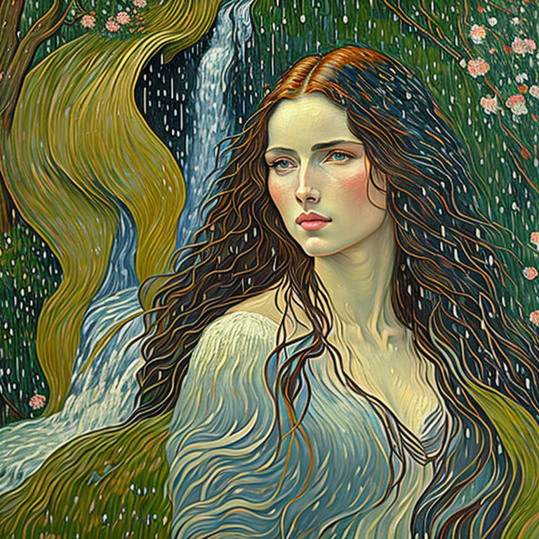 Woman with flowing hair in stylized forest setting.