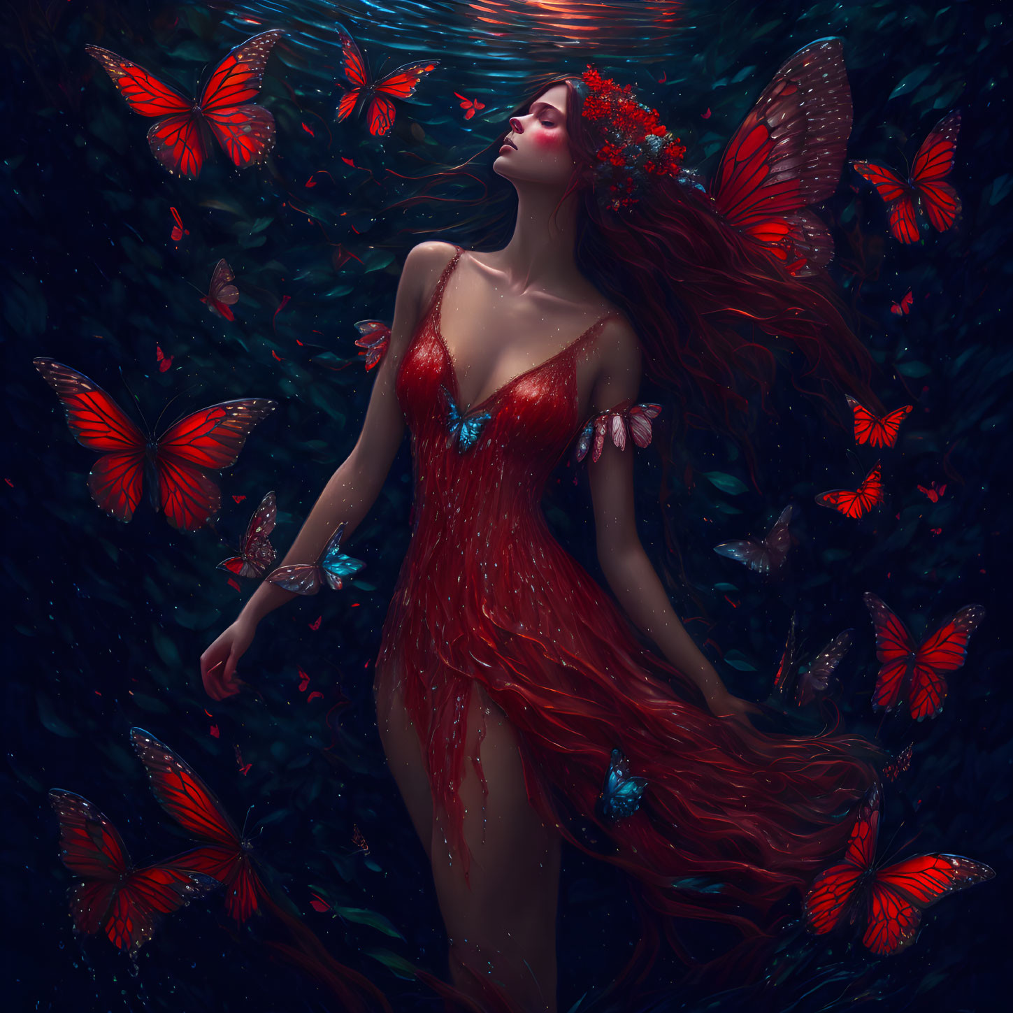 Red-haired woman in matching dress submerged with vibrant butterflies in mystical water scene