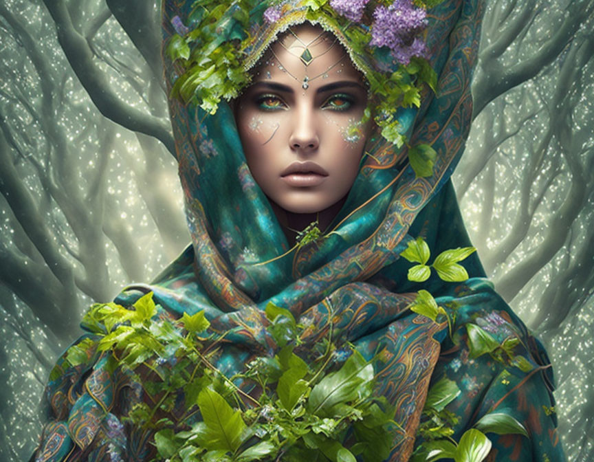 Mystical woman in floral headdress and green cloak among ethereal forest backdrop