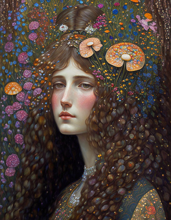 Woman's portrait with wavy hair and colorful mushrooms and flowers, mystical forest theme