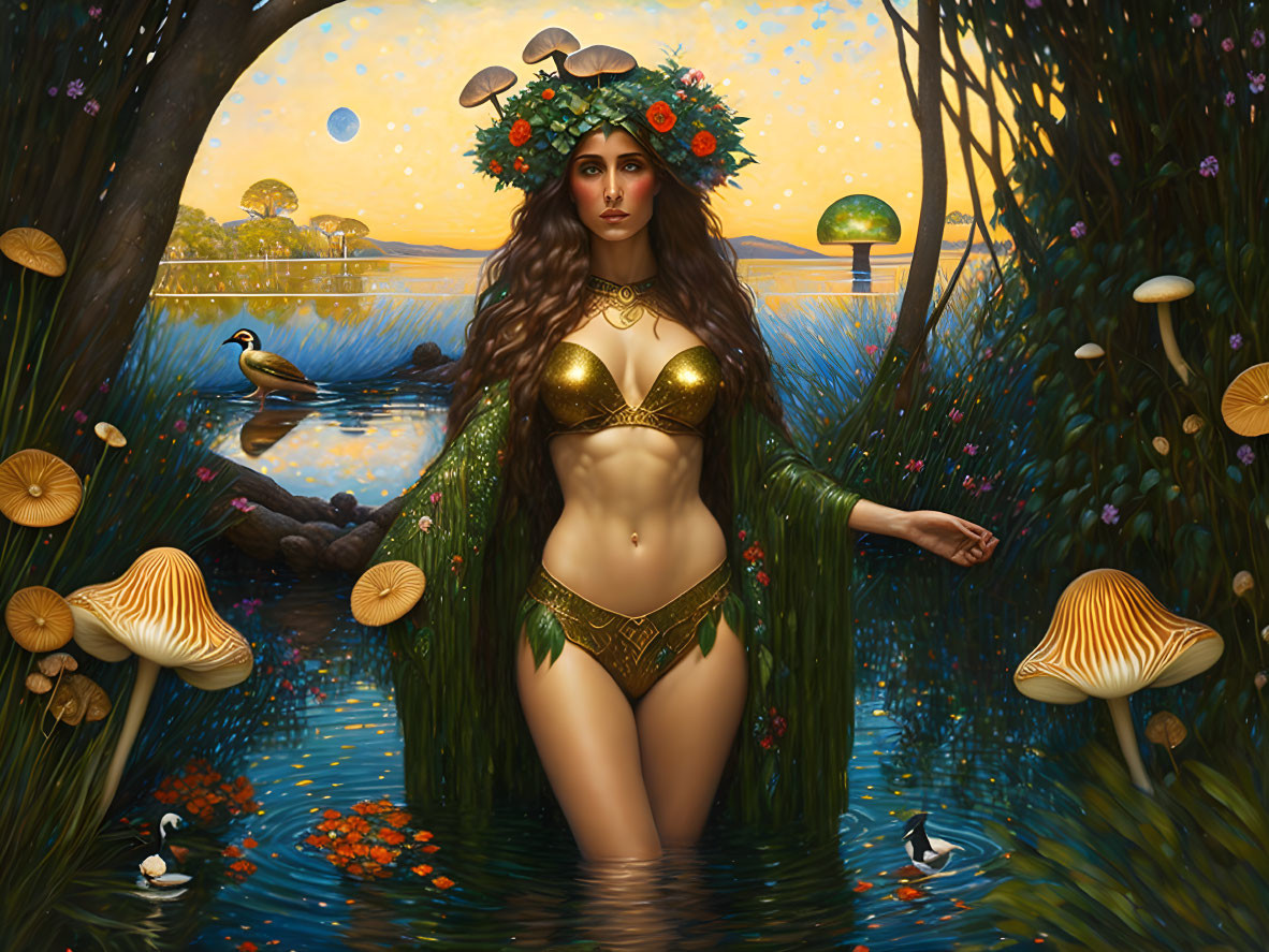 Mystical woman with floral crown in fantastical forest pond