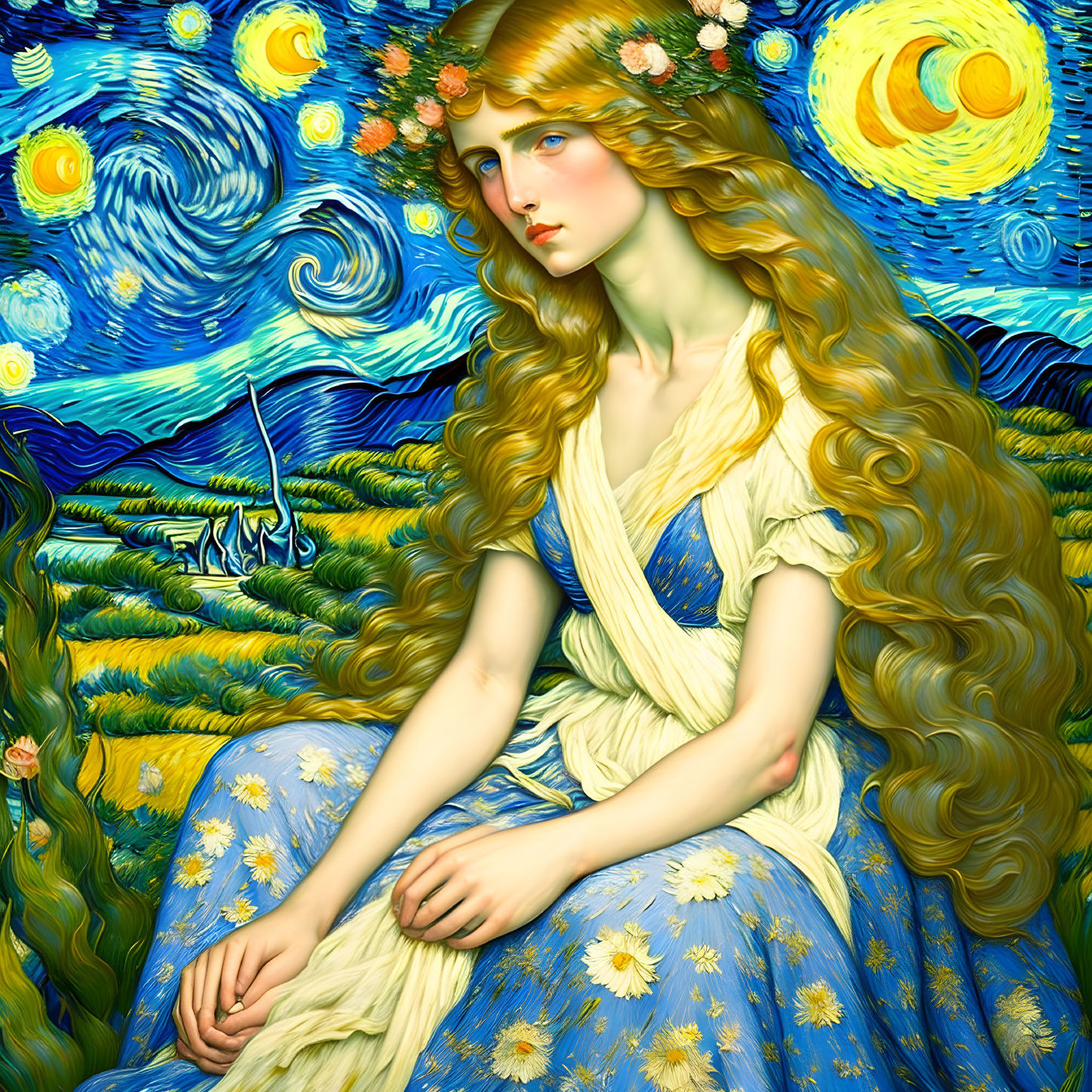 Woman with flowing hair and floral crown against starry night backdrop