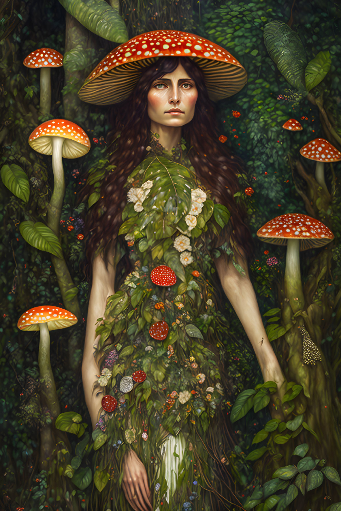 Woman blending with forest backdrop, adorned with leaves and flowers and a red-capped mushroom hat