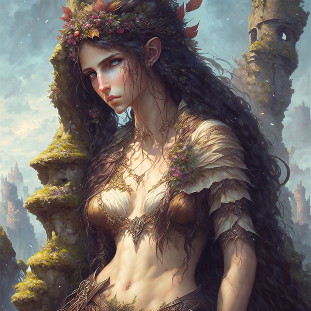 Fantasy Artwork: Elf Woman with Floral Crown in Ancient Ruins