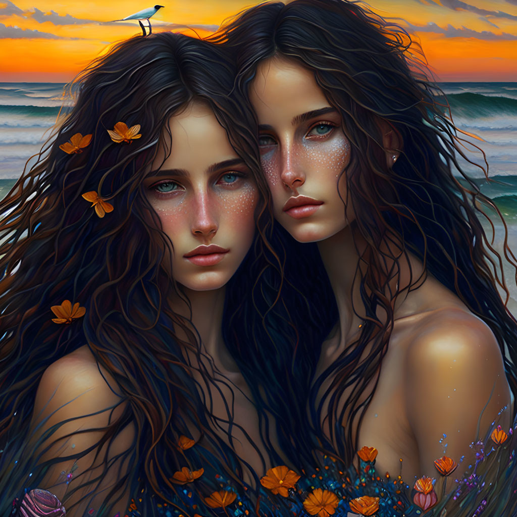 Two women with dark hair and orange flowers, beach sunset background.