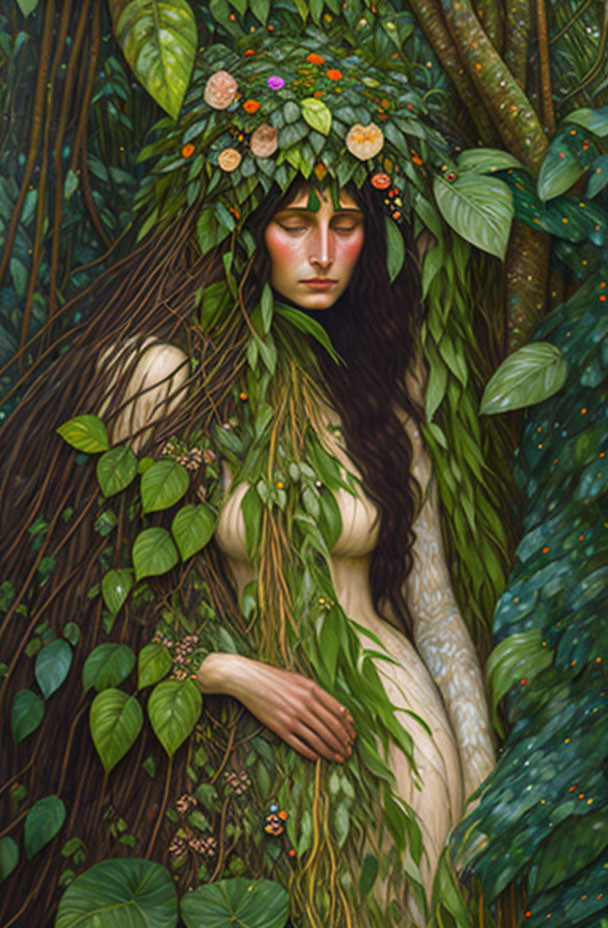 Portrait of a woman with nature-inspired features.