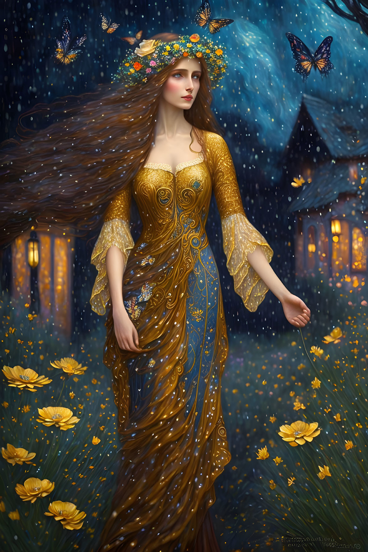 Detailed digital illustration of woman in golden gown in mystical night landscape