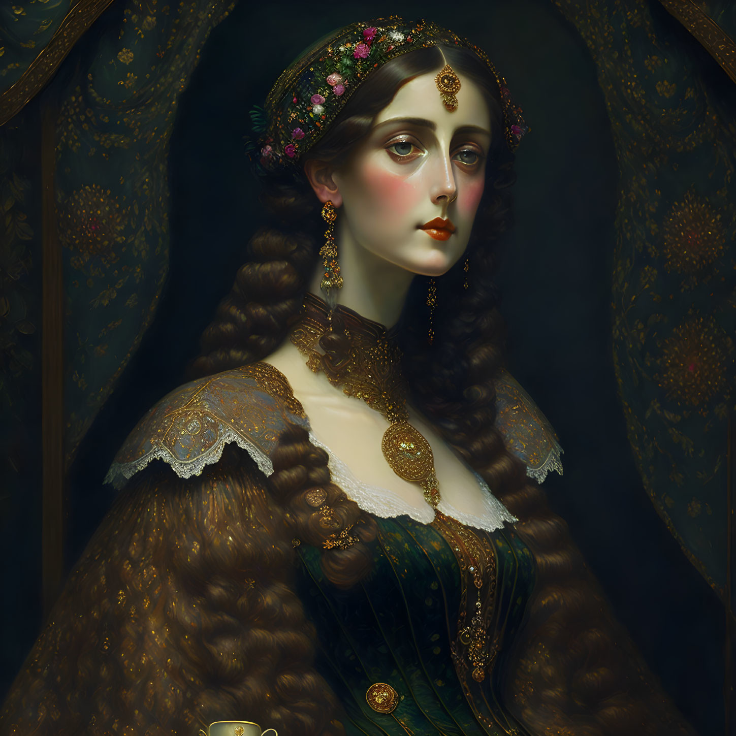 Portrait of a Woman with Braid in Green Dress and Flower Crown