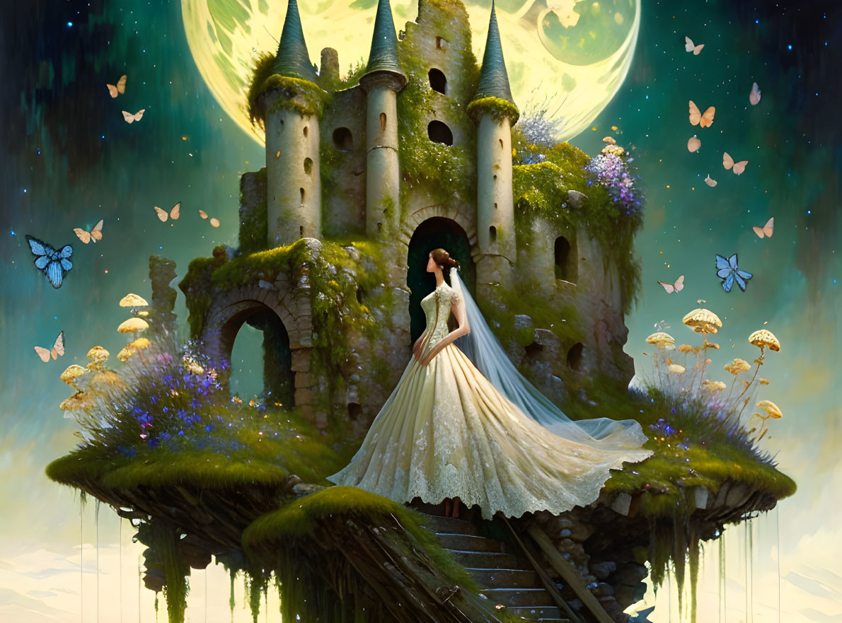 Woman in white dress at fairytale castle on floating island with butterflies and glowing flowers under starry