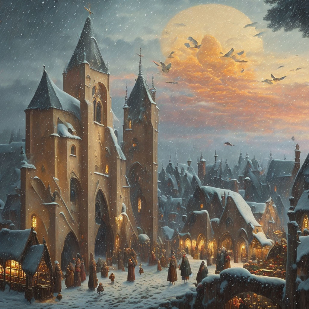 Medieval village with castle, snowy scenery, full moon, and birds at dusk