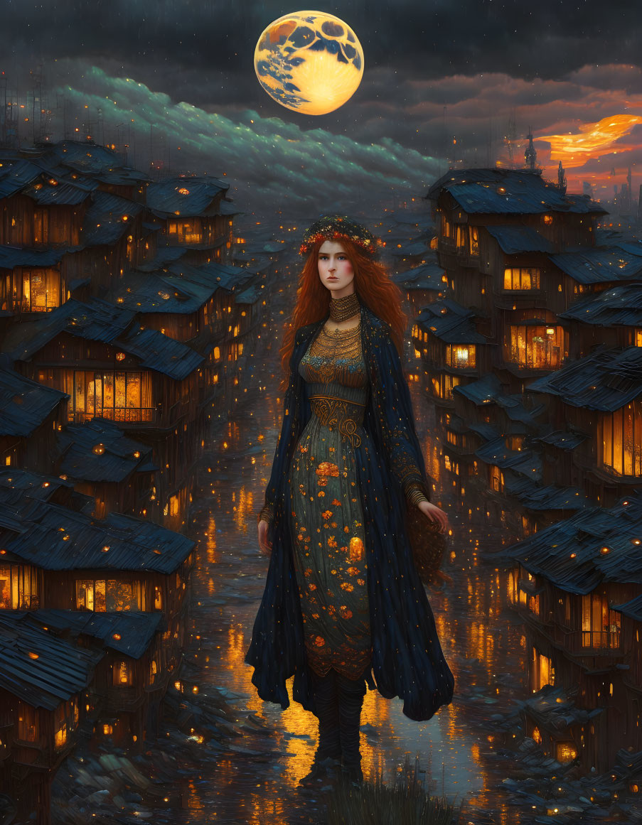 Fiery Red-Haired Woman in Mystical Village Night Scene