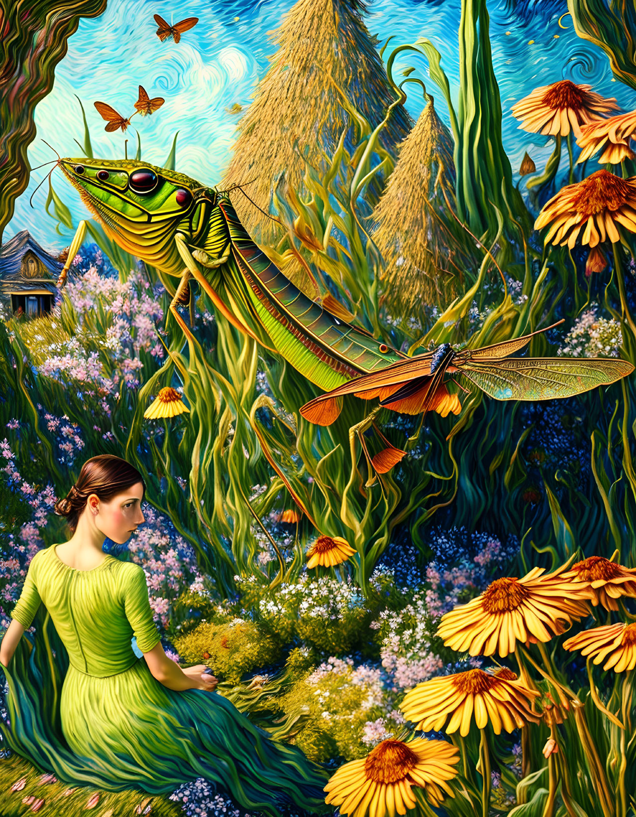 Vibrant garden scene with woman in green dress and giant grasshopper