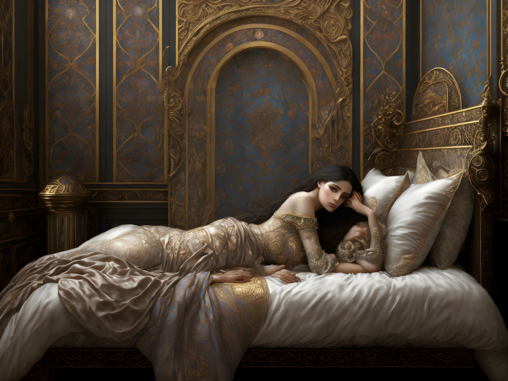 Luxurious golden gown woman on ornate bed in richly decorated room