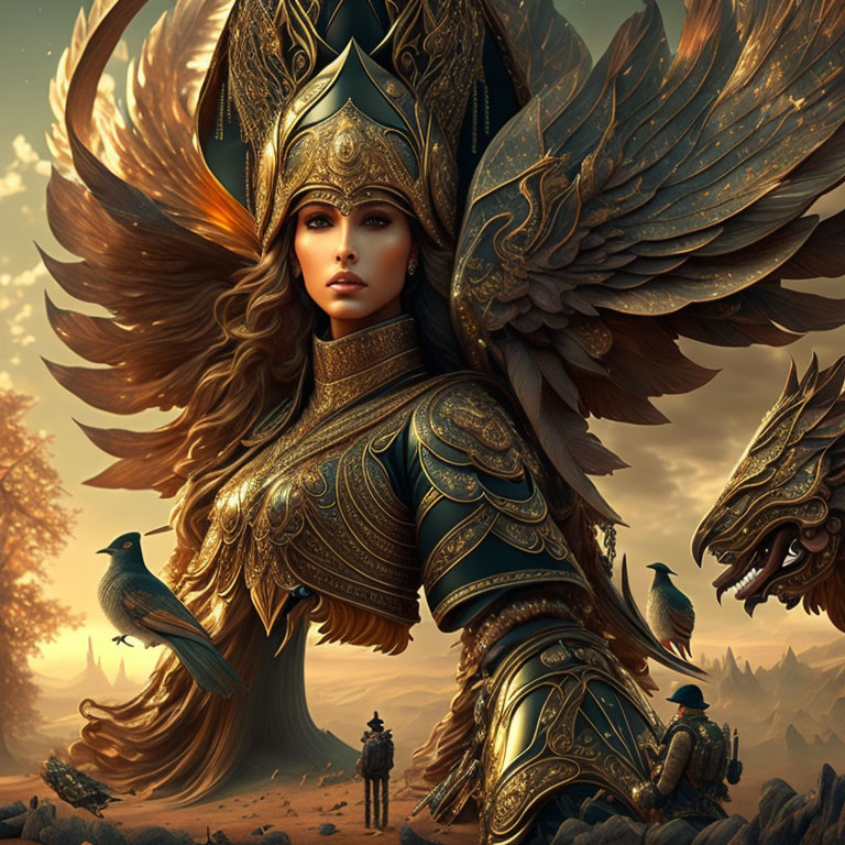 Fantasy warrior woman in golden armor with wings in mystical forest