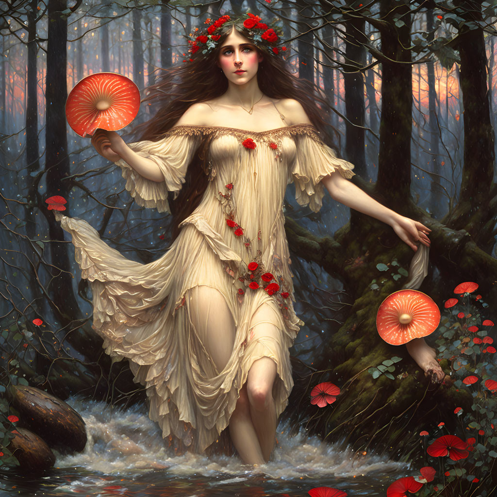 Woman in Beige Dress Surrounded by Red Flowers in Mystical Forest