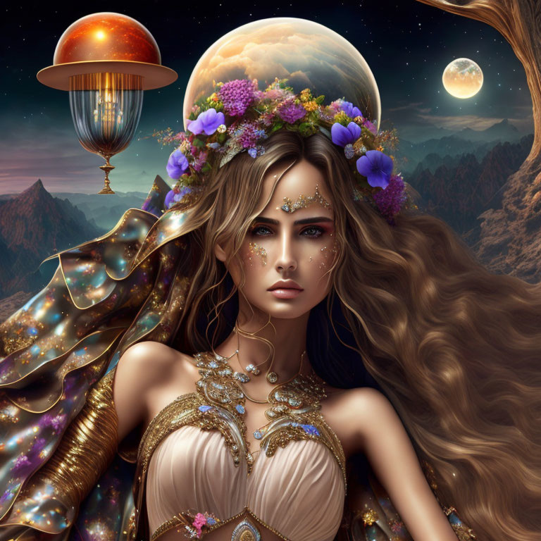 Fantasy portrait of woman with floral crown, cosmic backdrop, and hot air balloon