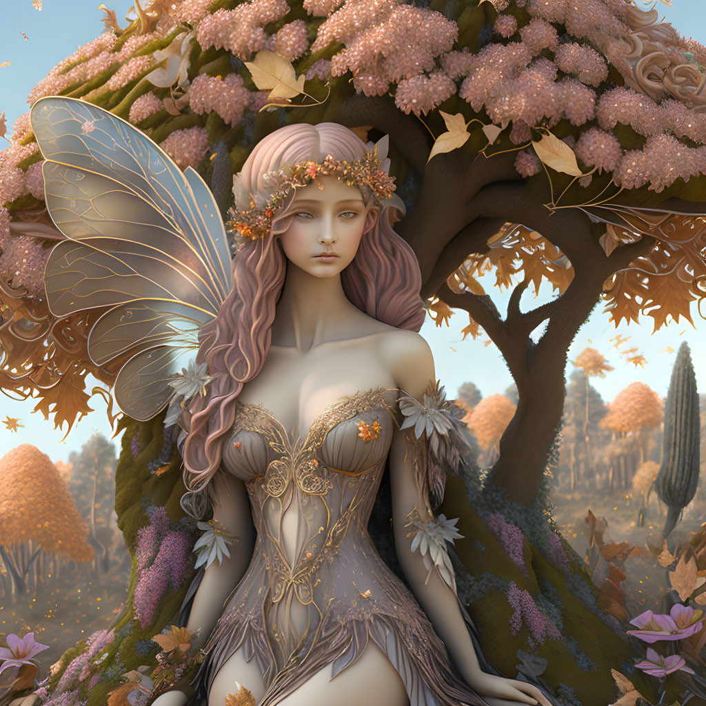 Fantasy illustration of winged female with tree-like features in forest landscape