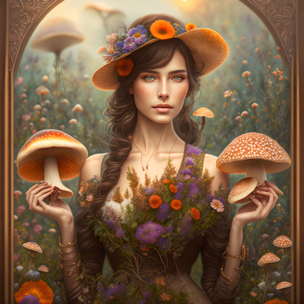 Illustration of woman in floral attire with mushrooms in ornate frame