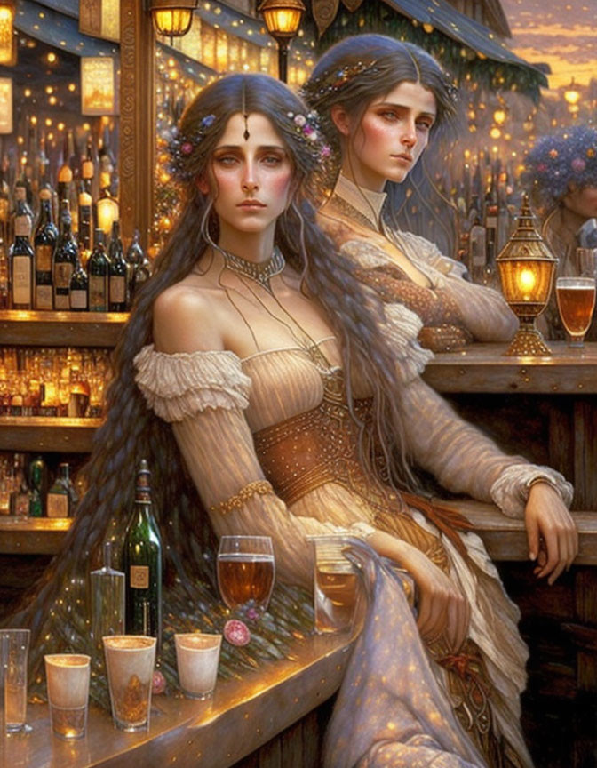 Ethereal women in ornate attire at candlelit bar with bottles and glasses