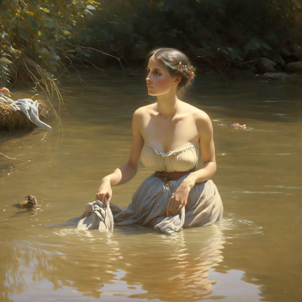 Woman sitting in shallow water holding sandals surrounded by nature and sunlight.