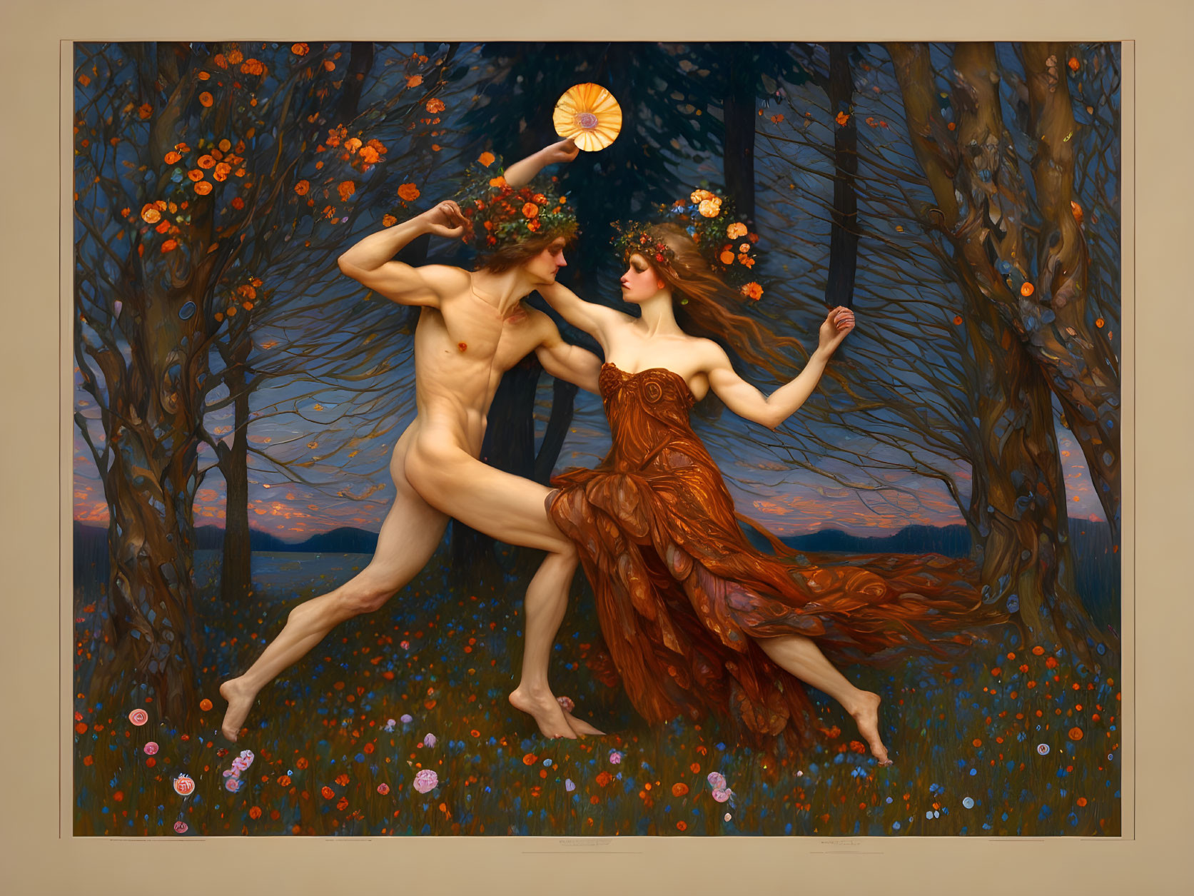 Mythological nude male and draped female figures dancing in idyllic forest