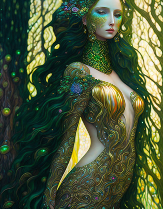 Fantastical female figure with flowing hair in emerald forest.