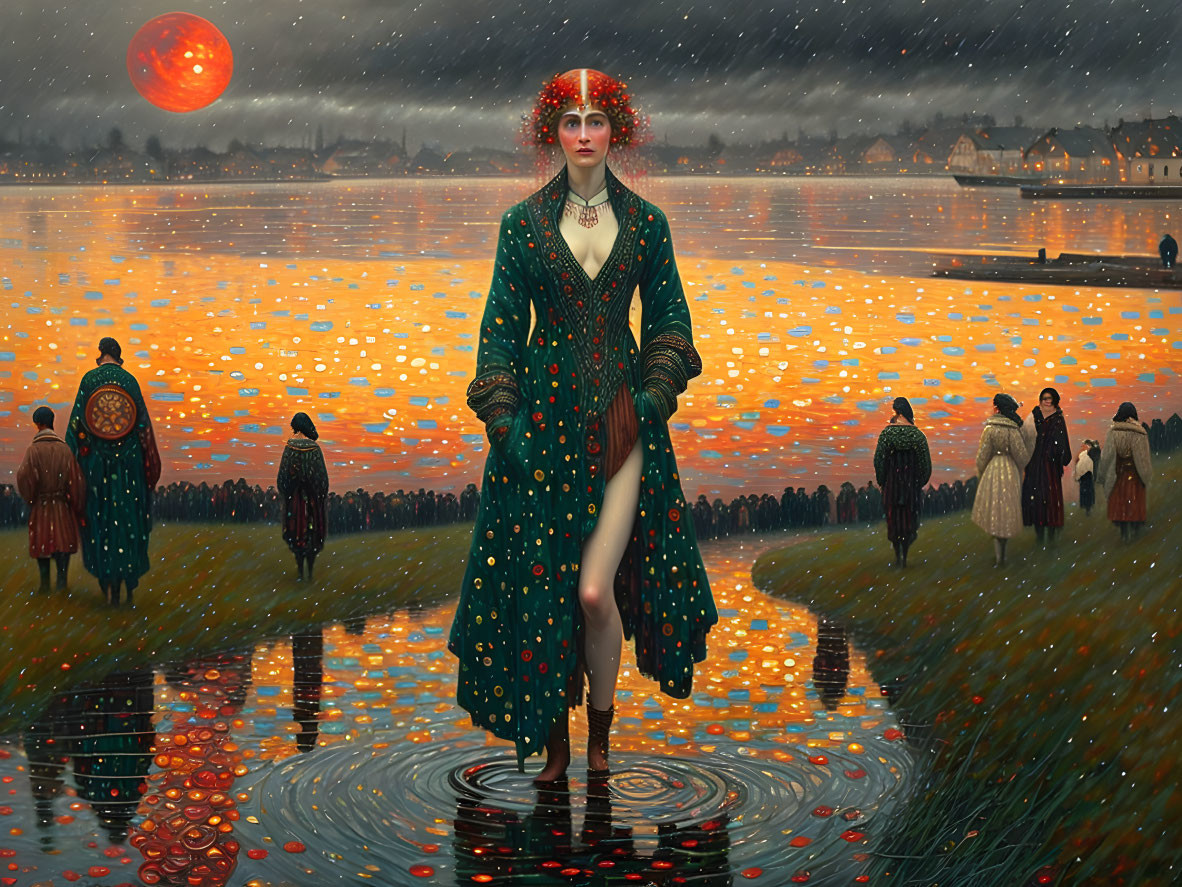 Woman in ornate green dress on water with red sun setting over coastal town.