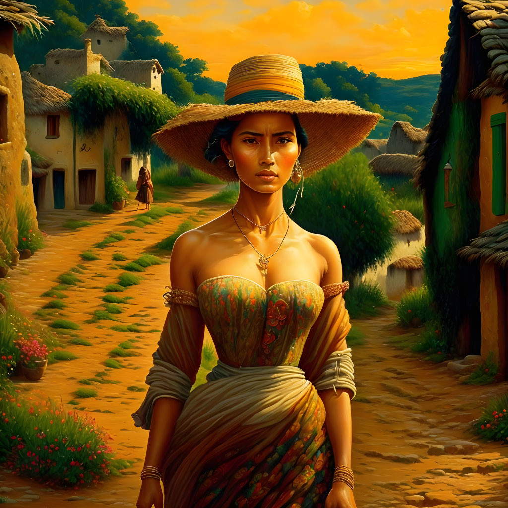 Woman in wide-brimmed hat and ornate dress on sunlit village path.