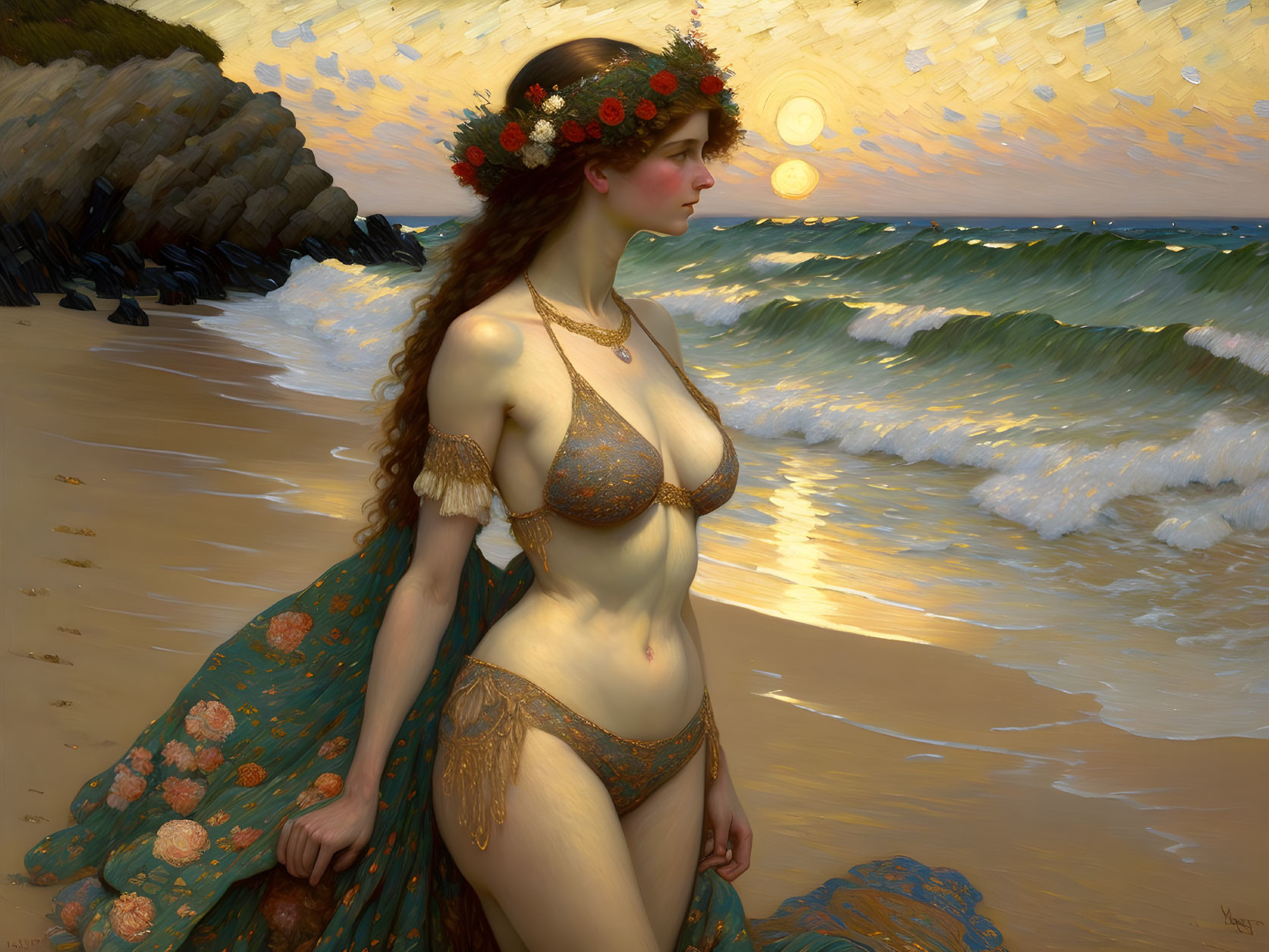 Woman in floral wreath on beach at sunset in golden bikini with flower shawl