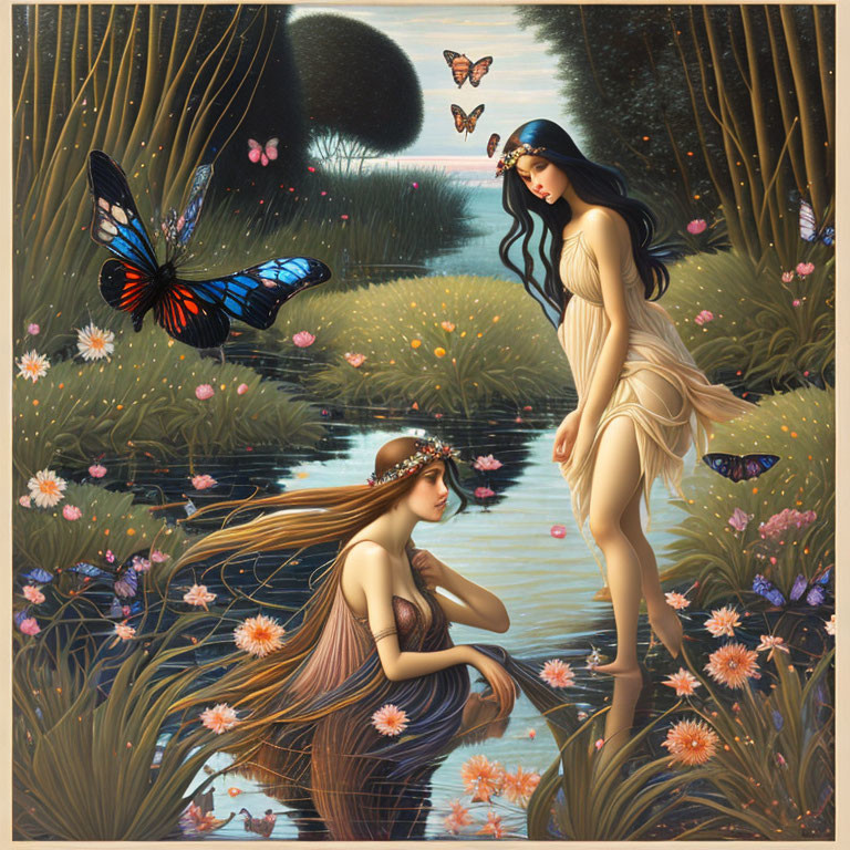 Ethereal women in tranquil waterscape with oversized butterflies