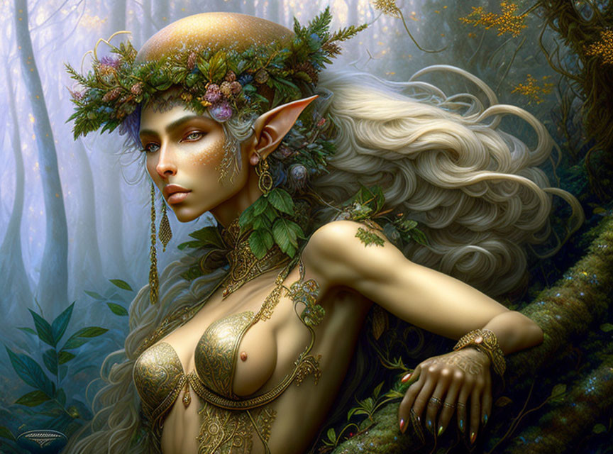 Fantasy illustration of a female elf with leafy headwear in a mystical forest.