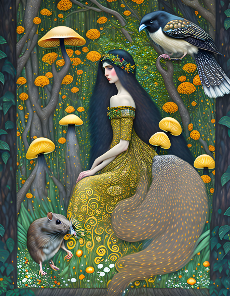 Illustration of woman merging with nature, surrounded by mushrooms, bird, and mouse among trees and flowers