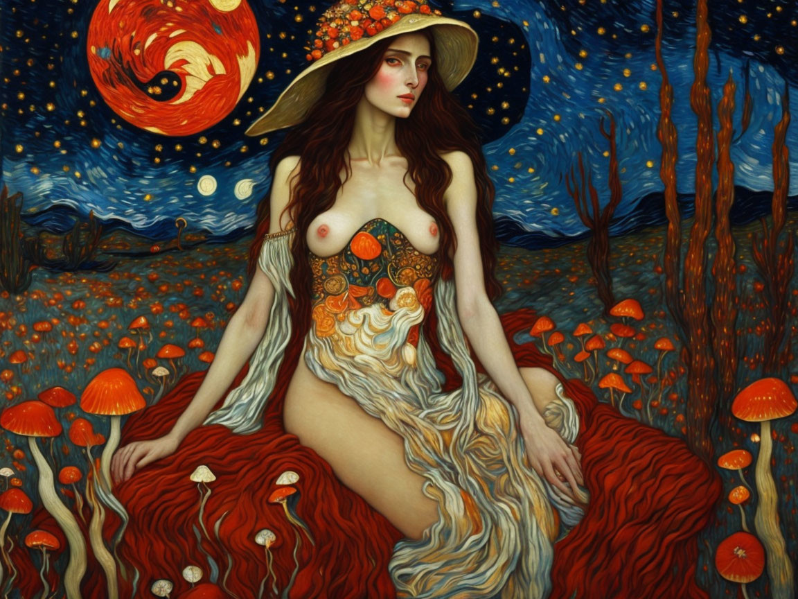 Whimsical painting of woman with flowing hair in mushroom-filled landscape