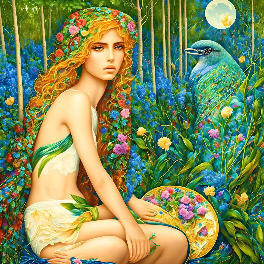 Woman with flowing hair and flowers in vibrant forest with peacock and floral palette under full moon