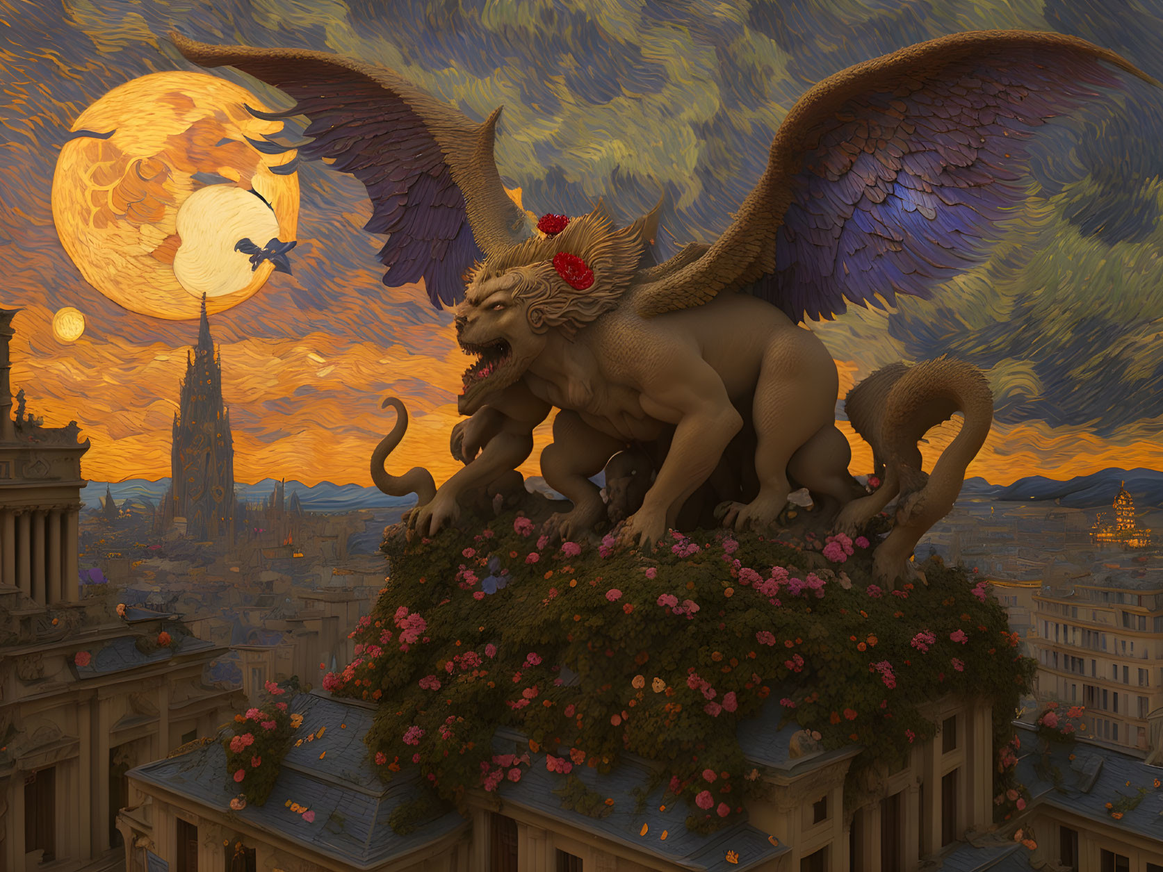 Winged lion mythical creature on building at sunset