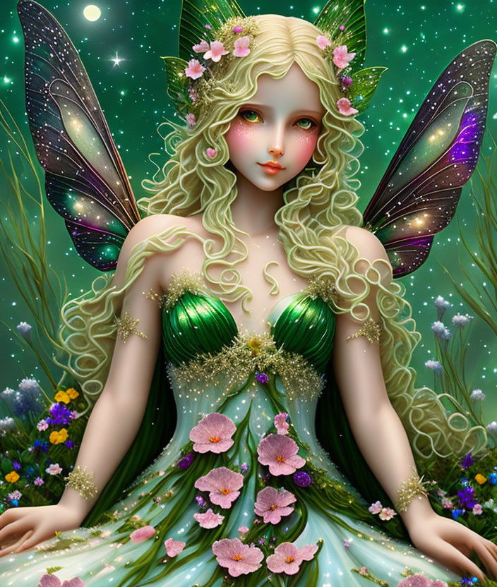 Blonde Curly-Haired Fairy with Butterfly Wings in Blossoming Field