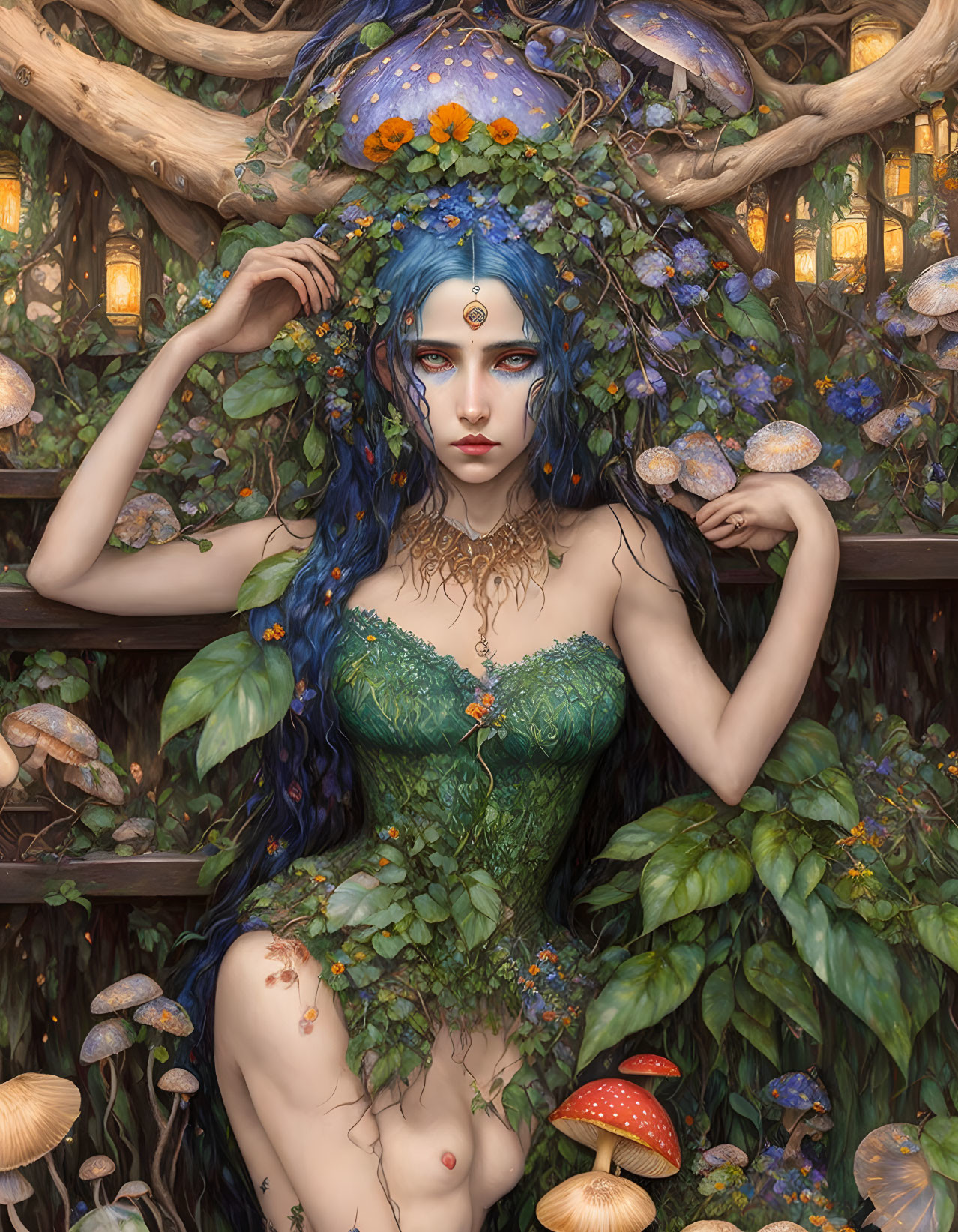 Blue-haired woman surrounded by mushrooms and greenery evokes a mystical forest nymph vibe