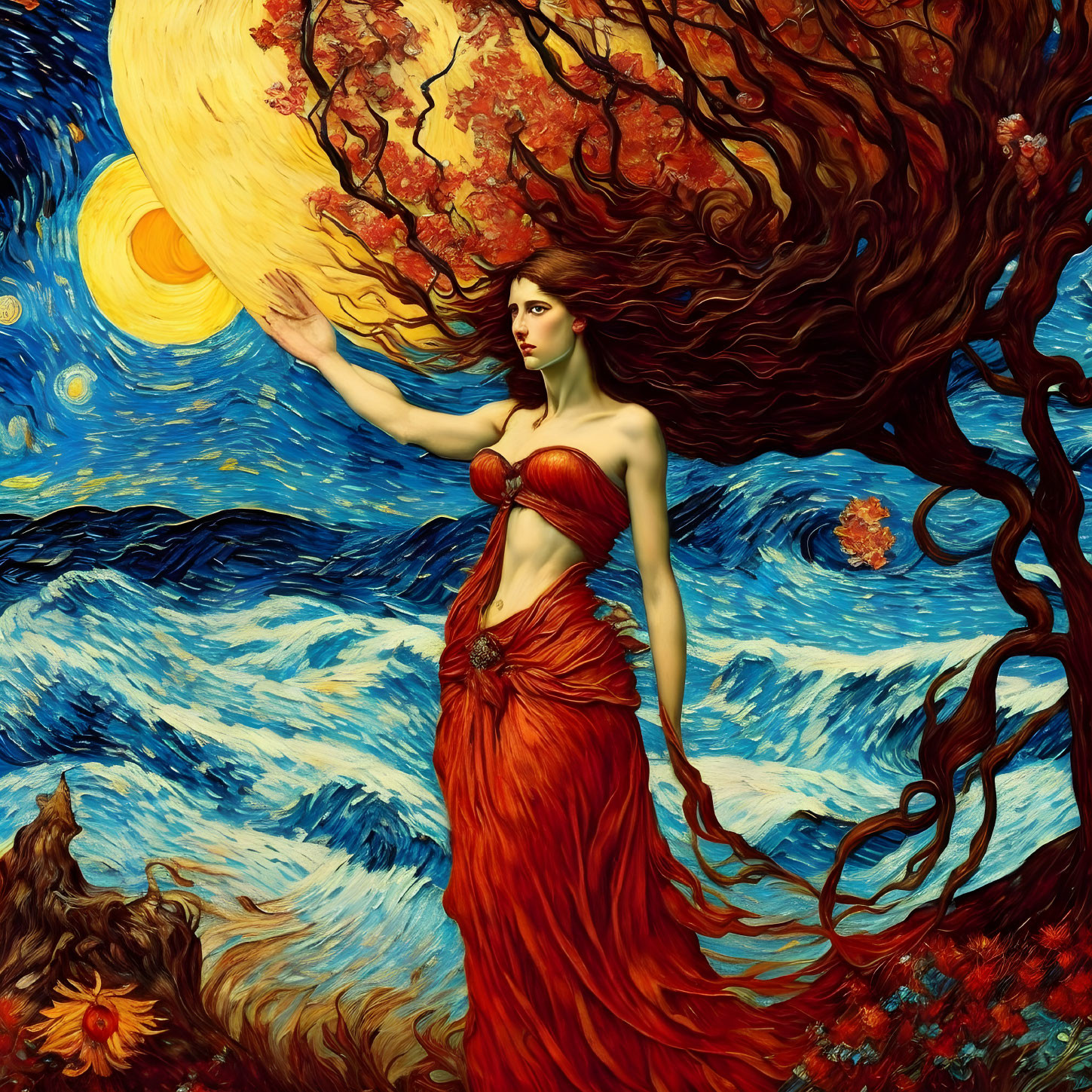 Woman in Red Dress Surrounded by Swirling Colors and Nature Scene