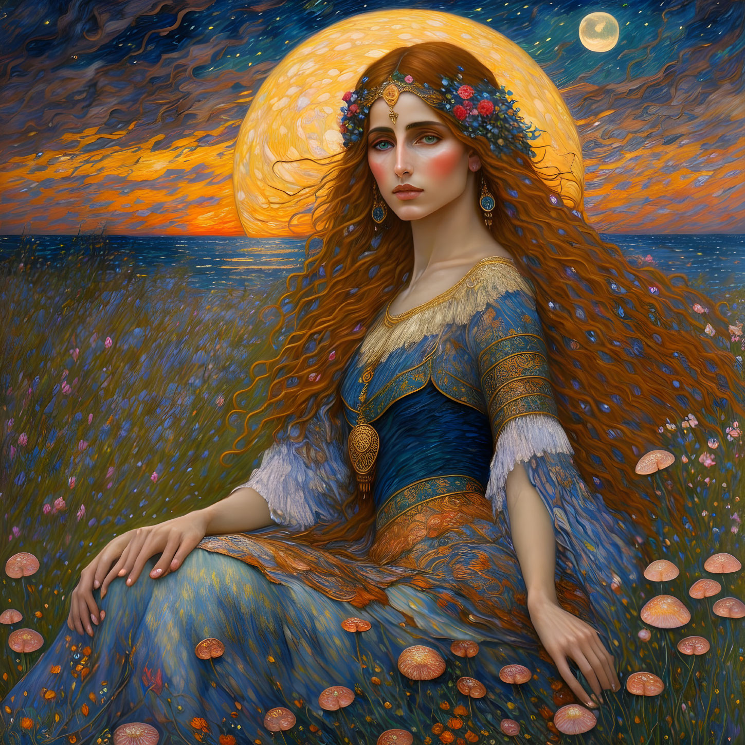 Illustrated woman under twilight sky with full moon.