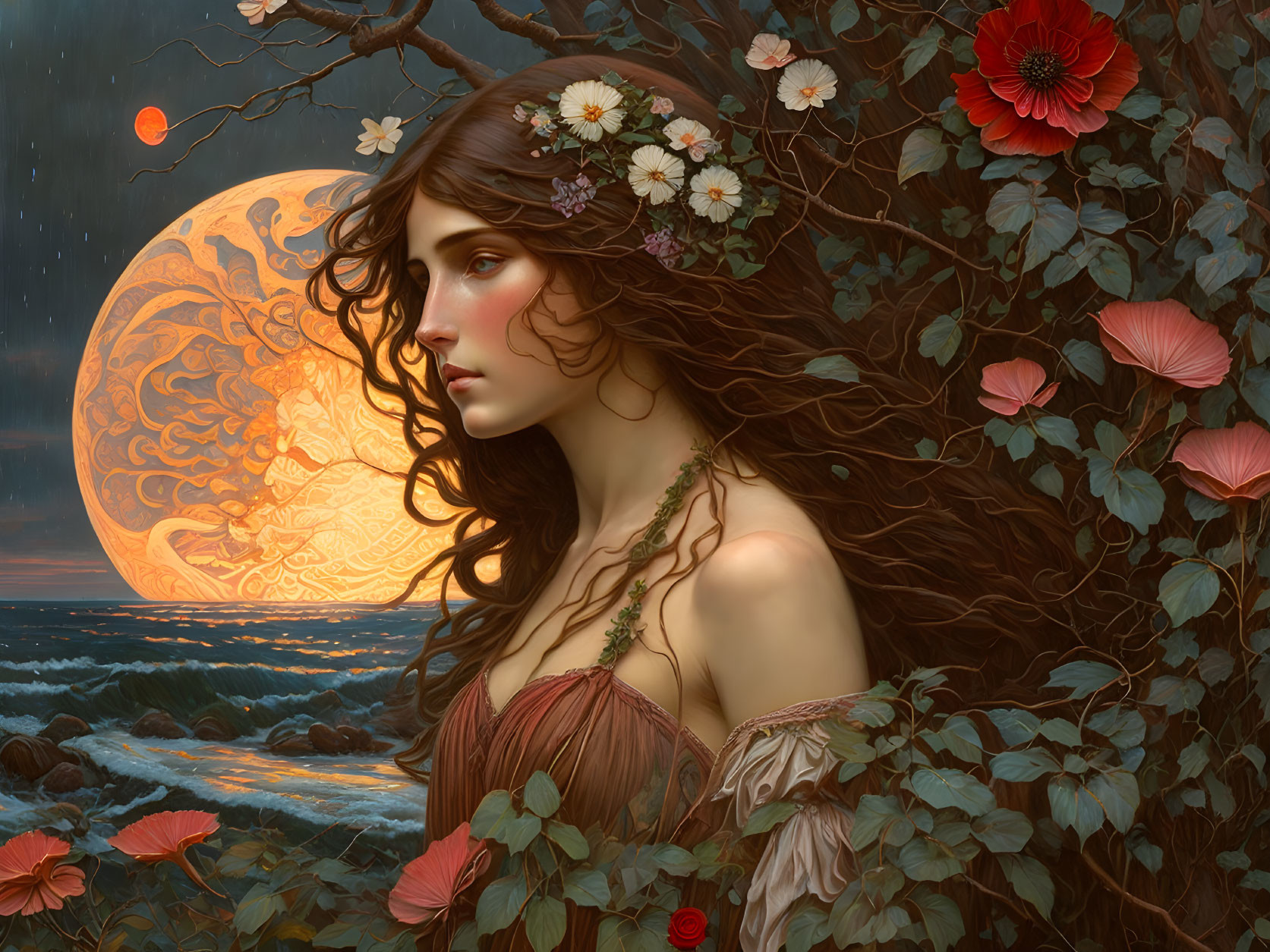 Ethereal woman with floral hair adornments under moon by sea