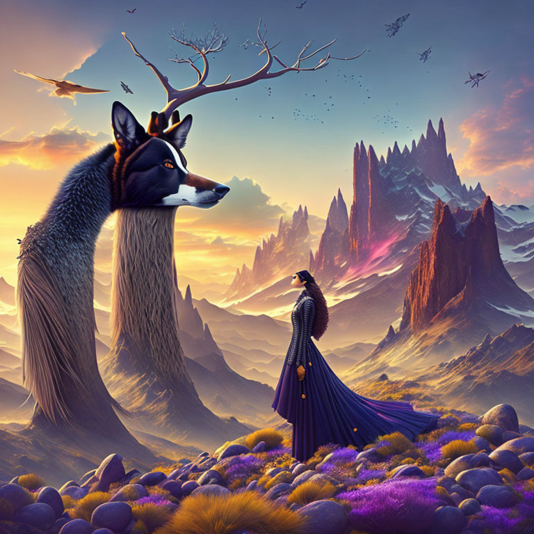 Surreal landscape with giant wolf, raven-headed woman, colorful flora, twilight sky, floating