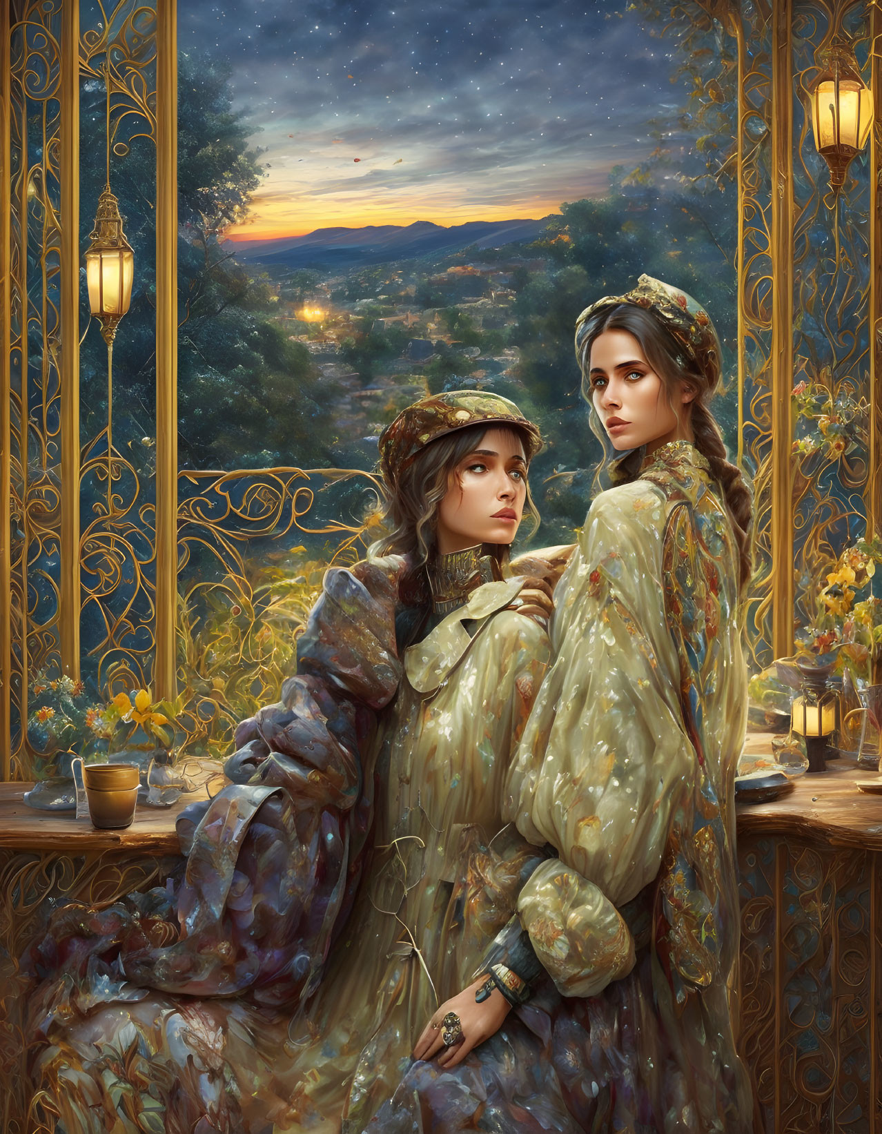 Two Women in Vintage Attire on Balcony with Twilight Sky & Golden Patterns