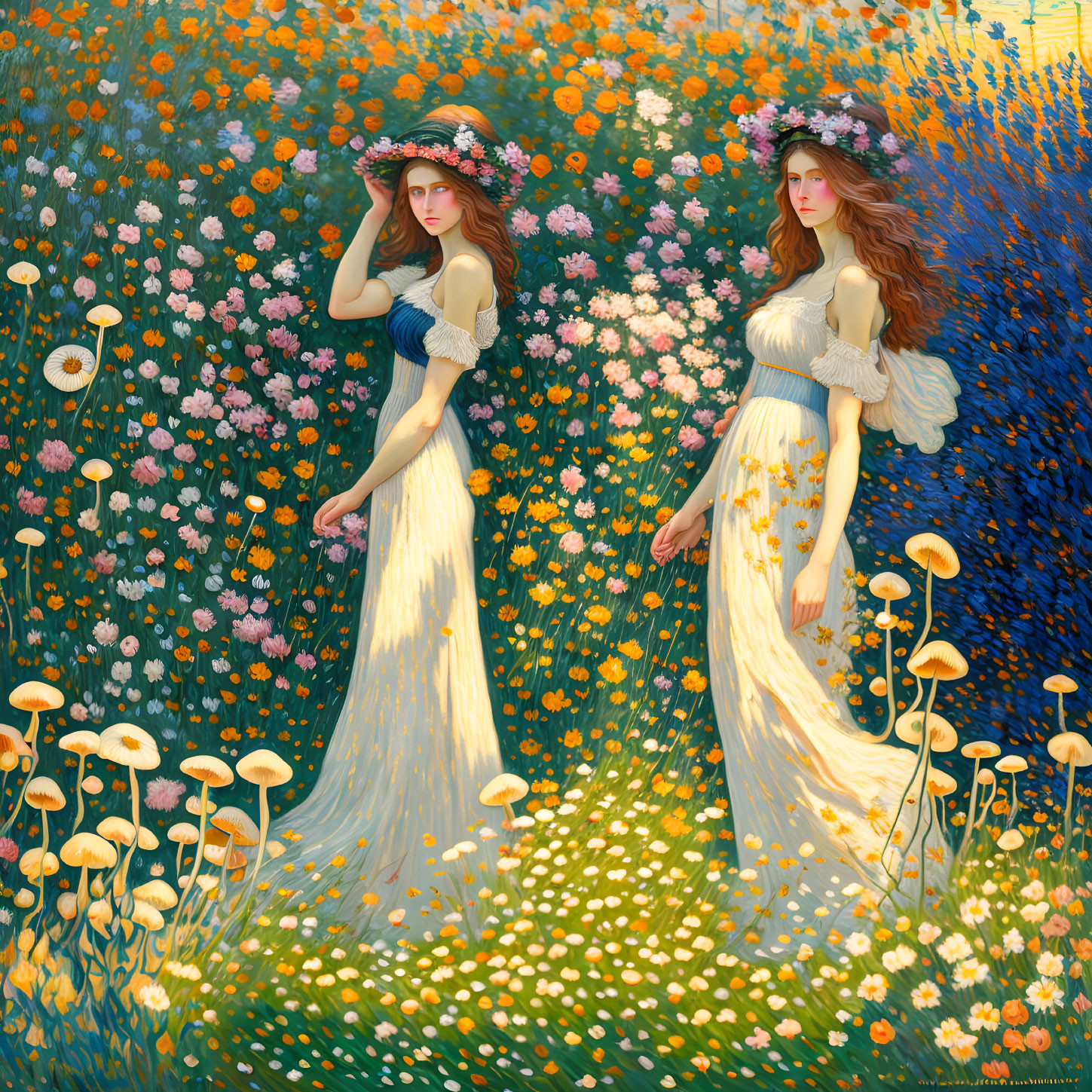 Ethereal women in flowing dresses stroll through vibrant meadow