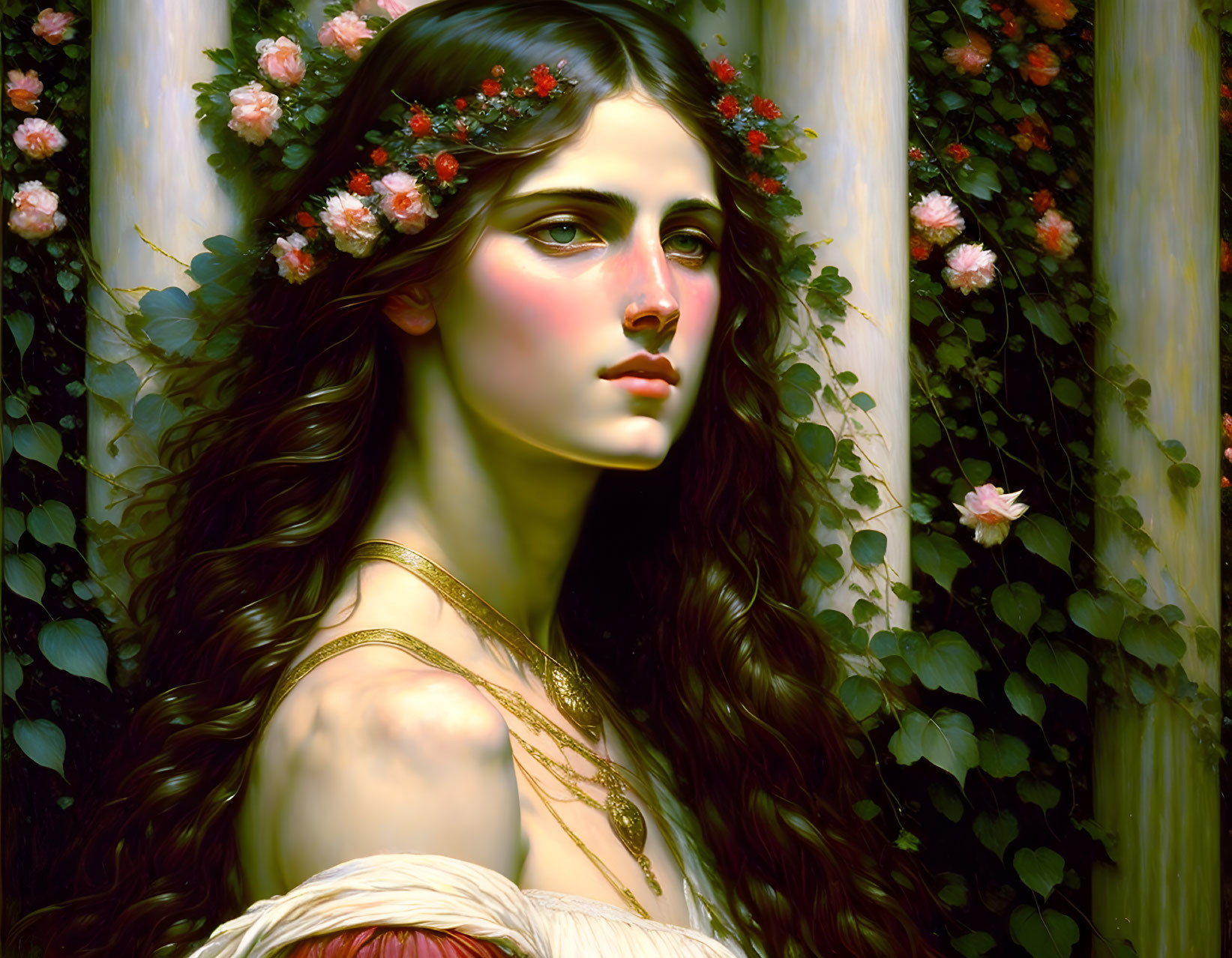 Portrait of woman with flower-adorned hair and intense gaze in lush greenery.