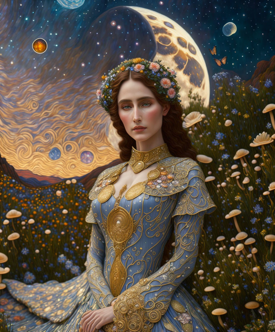 Woman in floral crown under night sky with moon and planets amid dandelion field