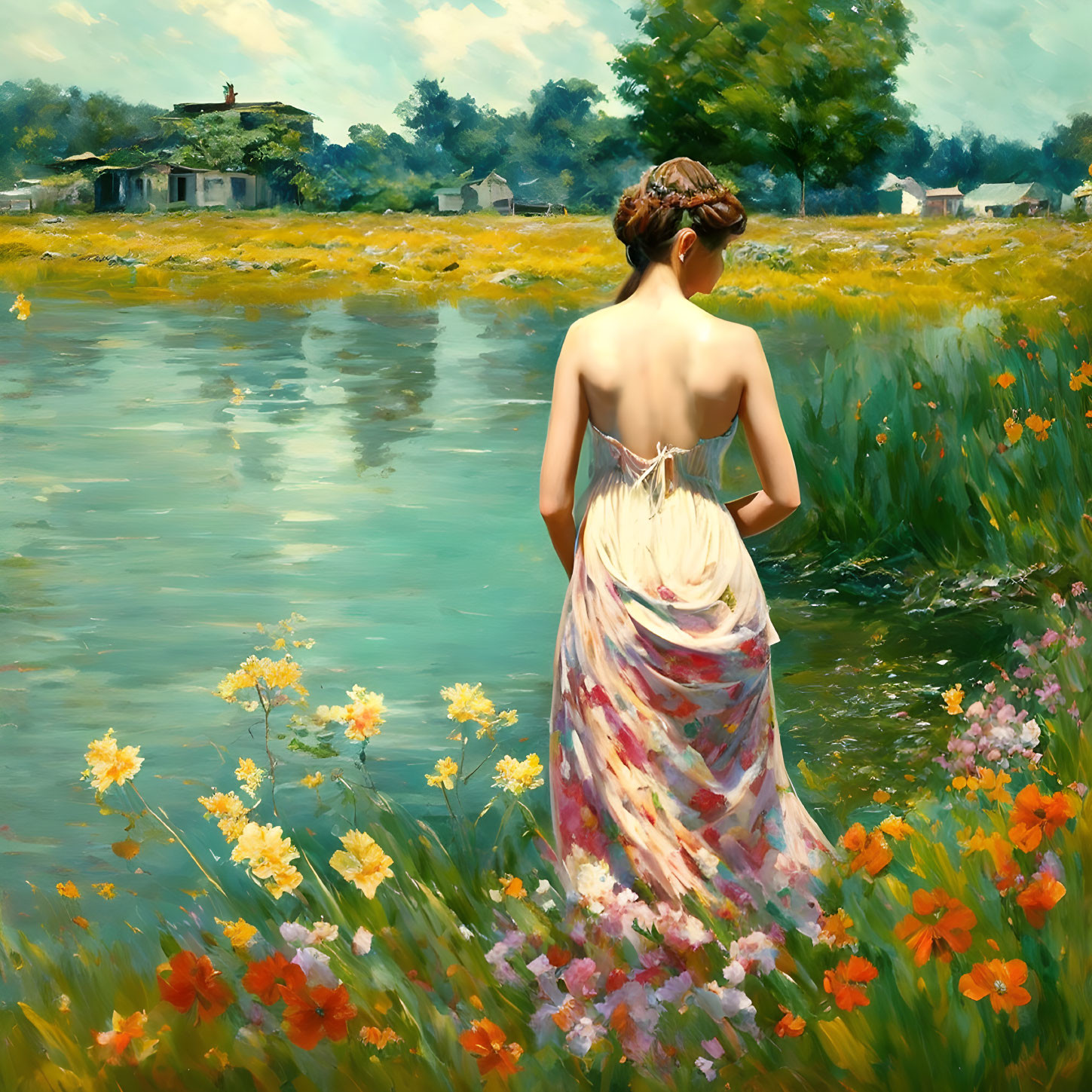 Woman in floral dress by riverbank with wildflowers and distant houses under cloudy sky